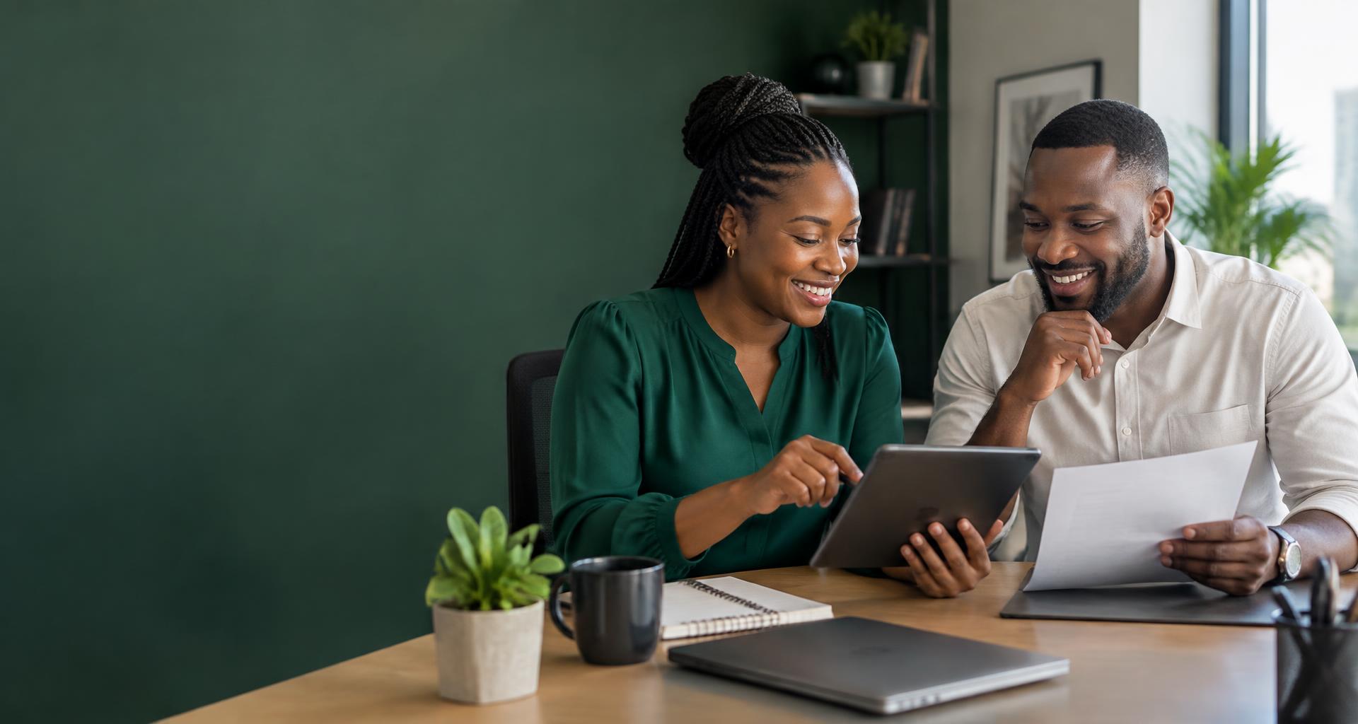 A Nigerian woman and man discussing a business deal together